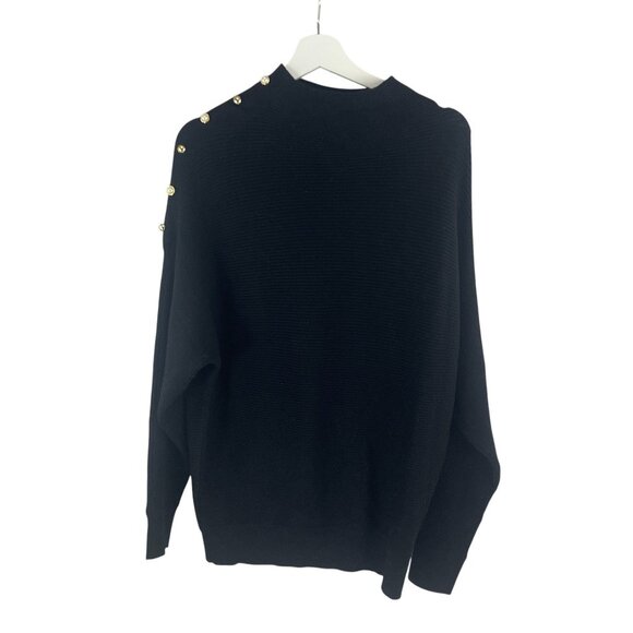 Belldini Womens Button Shoulder Sweater L Black Grandmacore Neutral Oversized - Picture 2 of 5